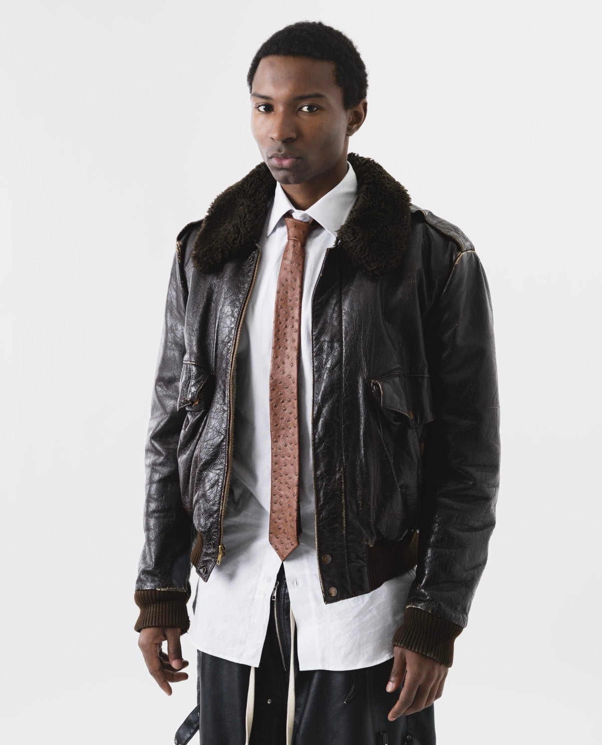 Brown Ostrich Embossed Leather Tie