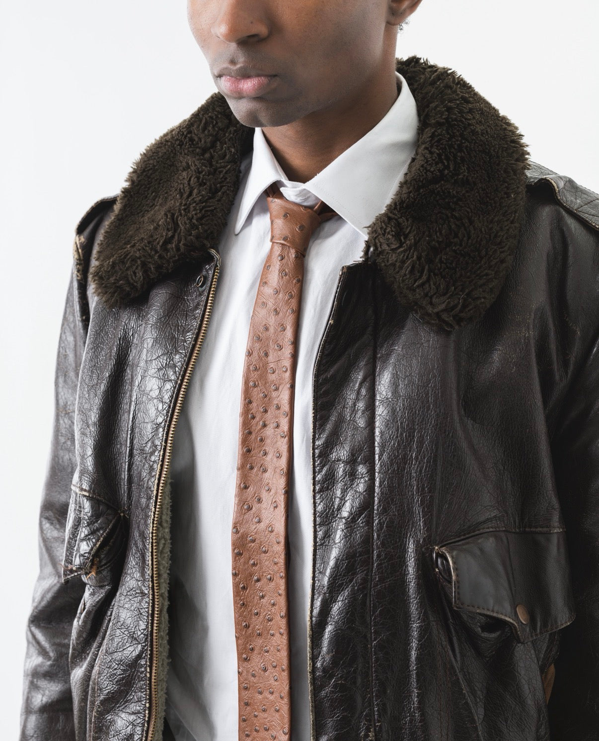 Brown Ostrich Embossed Leather Tie