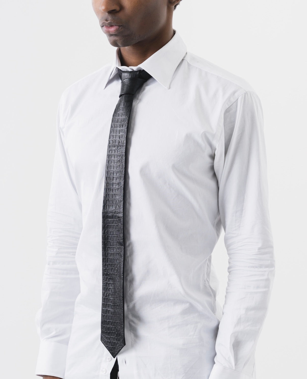 Black Crocodile Embossed Leather Tie