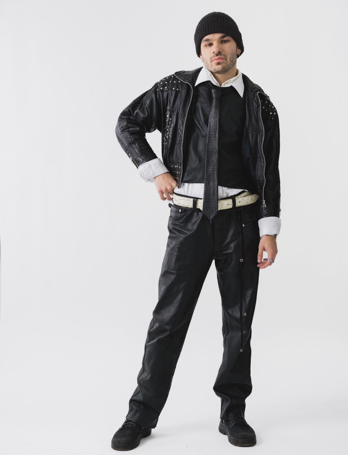 Black Crocodile Embossed Leather Tie