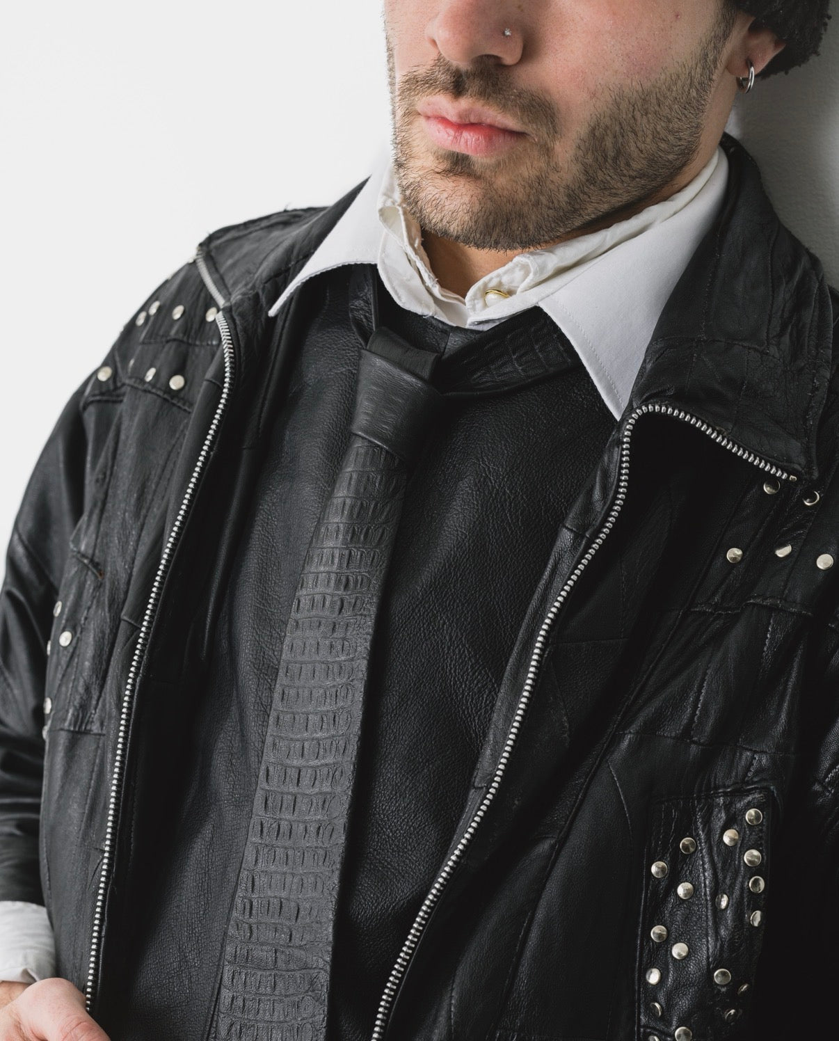 Black Crocodile Embossed Leather Tie